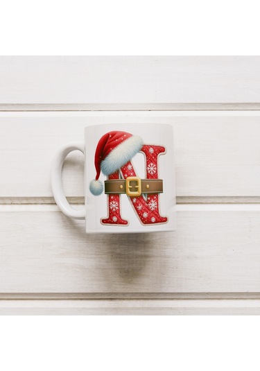 N Harfi Yılbaşı Temalı Bardak 330 Ml Harfli Kişiye Özel Hediye - Yeniyıl / Noel Şapka Tasarım Beyaz