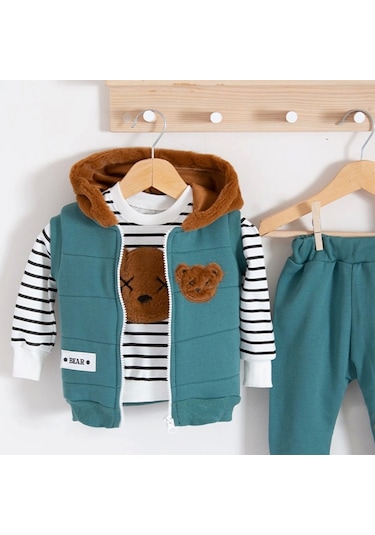 3-18 Ay Erkek Bebek Takımı Peluş Ayıcık Kapişon 3'lü Yeşil
