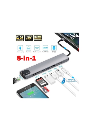 8 In 1 4K Type C Usb 3.0 Hub Hdmı Rj45 Sdtf Adaptörü (457193612)