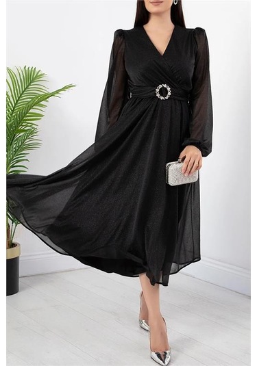 Neşeli Butik Kadın Kemer Ve Vatka Detaylı Simli Midi Elbise Rymy3590 Siyah
