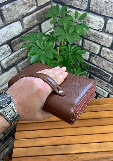 Guard Çift Fermuarlı Taba Hakiki Deri El Çantası Erkek / Kadın P3031 Taba