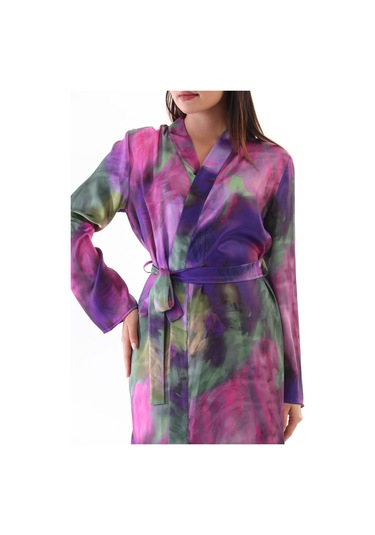 Laperissa Kadın Çok Renkli Saten Dokuma Sabahlık Kuşaklı, Desenli Ve Şık Ev Giyim Çok Renkli