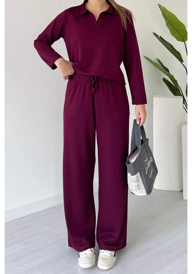 Balenbi Kadın Modal Kumaş Polo Yaka Uzun Kollu Takım 1126 Bordo