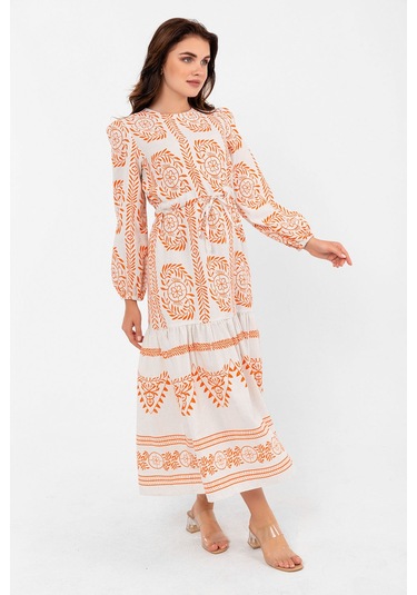 İnce Yaprak Dalı Desenli Yazlık Baharlık Keten Elbise 2102 Turuncu