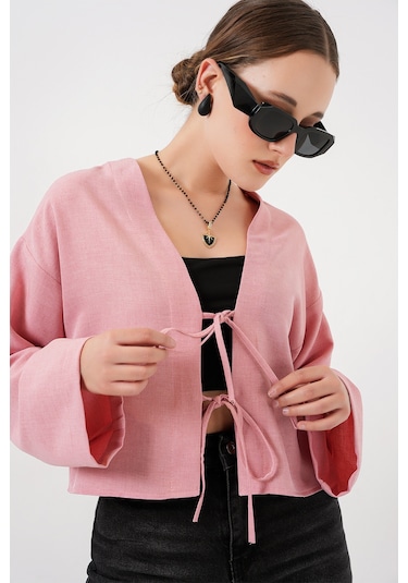 Bigdart Önü Bağlamalı Keten Kimono 960 - Pudra