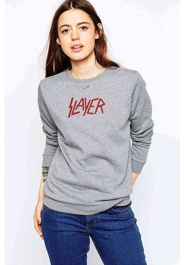 Slayer Logo Baskılı Gri Kadın Sweatshirt