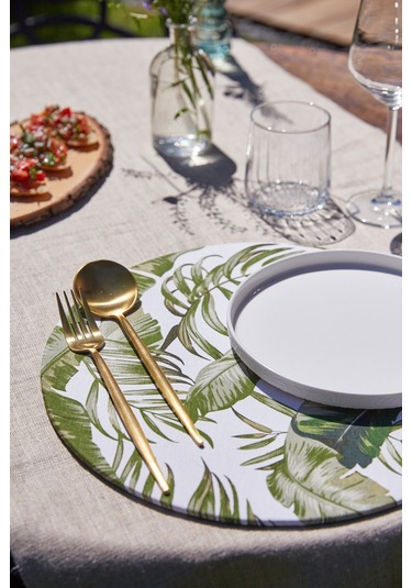 6'lı Tropical Garden Duck Keten Supla Amerikan Servis Beyaz - Yeşil