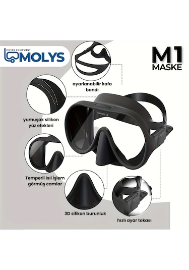 Molys M1 Dalış Maskesi + Antı Fog Buğu Önleyici Film Mavi