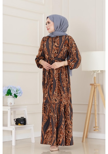 Sevitli Leopar Desenli Beli Tünelli Viscon Elbise-gri-5090 Gri