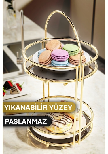 Bino 2 Katlı Lüks Kurabiyelik Servis Sunum Organizeri 40 CM Altın