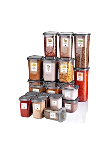 KitchenLife 24'lü Etiketli Modernity Kare Erzak Saklama Kabı Seti 6x1750 ML+ 6x1200 ML+6x550 ML+6x450 ML