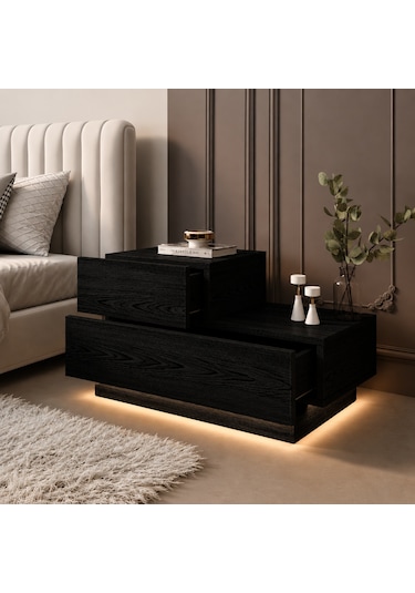 Kayra Kmd002 Led Işıklı Komodin 2 Çekmeceli Modern Tasarım Ahşap Siyah