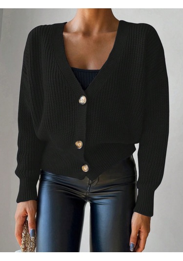 The İstanbul Kadın Önü Düğmelitriko Hırka Siyah