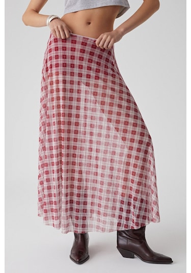 GRIMELANGE Julıano Kadın Yüksek Bel Çizgili Oversize Kırmızı Etek Kırmızı