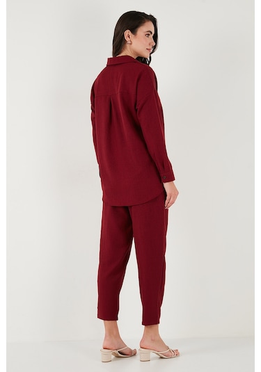 Lela Keten Karışımlı Regular Fit Lastikli Bel Uzun Kollu Alt Üst Bayan Takım 6696622 Bordo