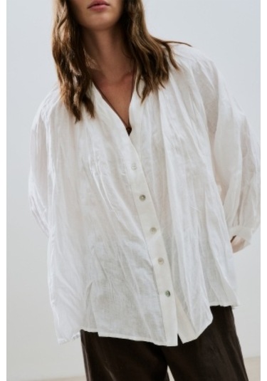 Keten Krushlı Düğmeli Bluz Ekru Ekru