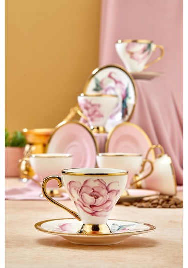 Cooker 6 Lı Lüks Yaldız Porselen Kahve Fincan Takımı Ckr3520 Pembe
