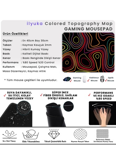 İlyuka Mousepad 40x30cm Gaming Oyuncu Mp374030 Colored Topography