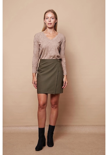 Kadın Yüksek Bel Kruvaze Model Hafif Likralı Şık Kumaş Ofis Kalem Etek-haki Haki