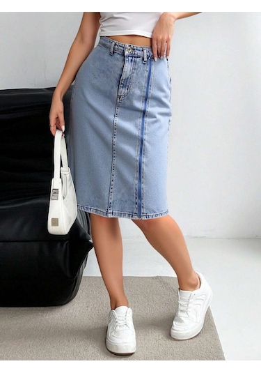Shevega Kadın Taş Yikama Ön Fermuar Detayli Kot Etek Mavi