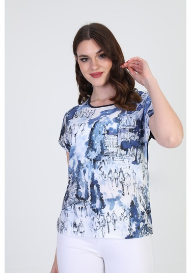 Ella Camelia Kadın Desenli Kısa Kol Bluz 19E034 Lacivert