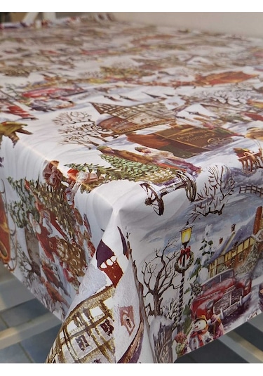 Yeni Yıl Desenli Elyaflı Pvc Masa Örtüsü Silinebilir Ve Su Geçirmez Muşamba Dkrm24b Beyaz