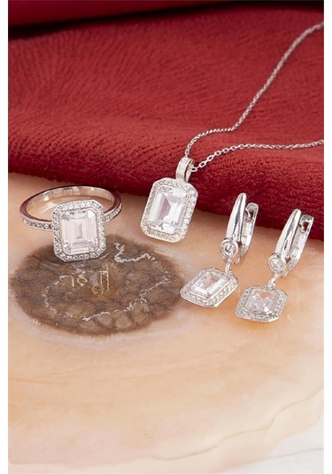 925 Ayar Gümüş Rodyumlu Baget Taşlı Sekizgen Bayan Takı Seti -8228 Gümüş