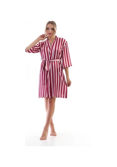 Laperissa Kadın Pembe Çizgili Saten Sabahlık Kuşaklı, Şık Ve Hafif Dokuma Ev Giyim Pembe