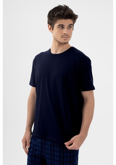 Erkek Pamuklu Kısa Kollu Lacivert Ekose Desenli Cep Detaylı Pijama Takımı Ke30205.34 Lacivert