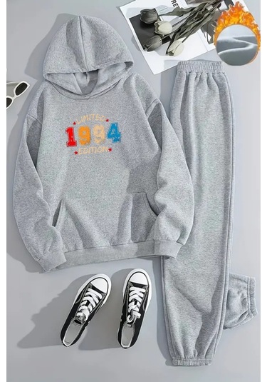 Unisex 1994 Lımıted Baskılı Kapüşonlu Gri Eşofman Takımı - Kışlık Şardonlu Kumaş Gri