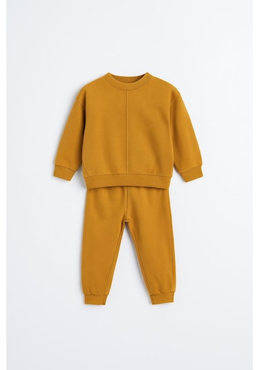 Unisex Çocuk Dikiş Detaylı 3 İplik Hardal Alt Üst Takım Hardal