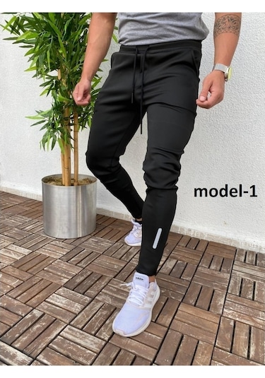 Oliggopol Erkek Slim Fit Likralı Cepli Siyah Eşofman Altı Siyah