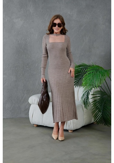 Kadın Bisiklet Yaka Tül Detay Maksi Boy Fitilli Triko Elbise Vizon