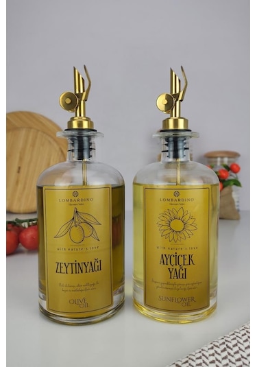 Digithome Lombardino 2'li Zeytinyağı Ve Sıvıyağ Şişesi Otomatik Kapaklı Gold Etiketli Yağdanlık 500 Ml