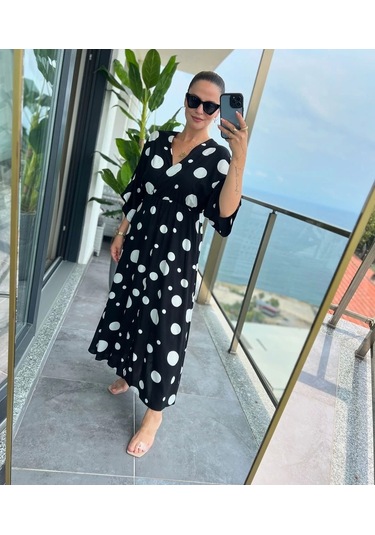 Kadın Puantiyeli Kruvaze Uzun Elbise Desenli