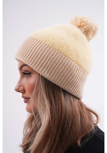 Peluş Ponponlu Bere Krem