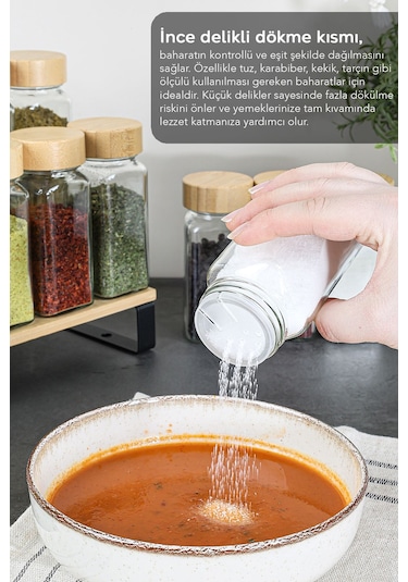 12'li Bambu Kapaklı Cam Baharatlık Seti - Etiketli Tuzluk Biberlik Köşeli Baharat Takımı 120 Ml ŞEffaf