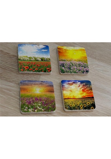 Bahar Çiçekleri Doğal Taş Bardak Altlığı 4'lü Set - Natural Stone Coasters - Taş Çok Renkli