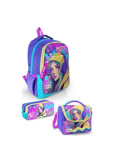 Coral High Kids Lavanta Turkuaz Kulaklı Kız Desenli 3 Lü Okul Çanta Seti Set0123661