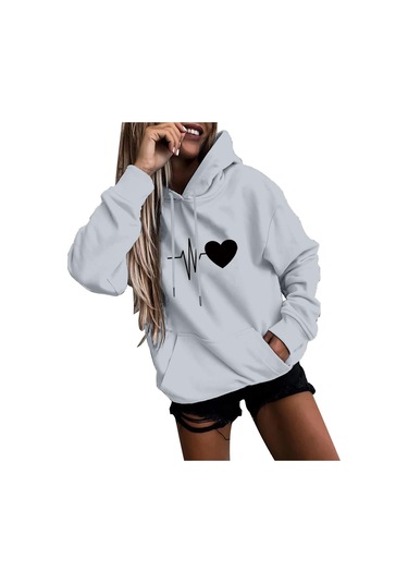 Beyaz Fo Kadın Moda Rahat Eğlenceli Baskı Kapşonlu Kazak Gevşek Spor Üstleri Kazak Beyaz