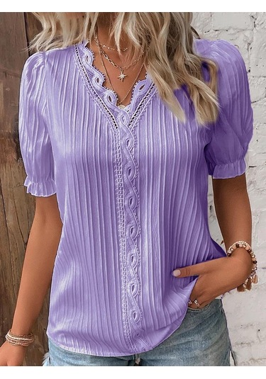 Mor Yaz Kadın T-shirt Moda Hollow Kısa Kollu Kadın Gömlek Tops Mor