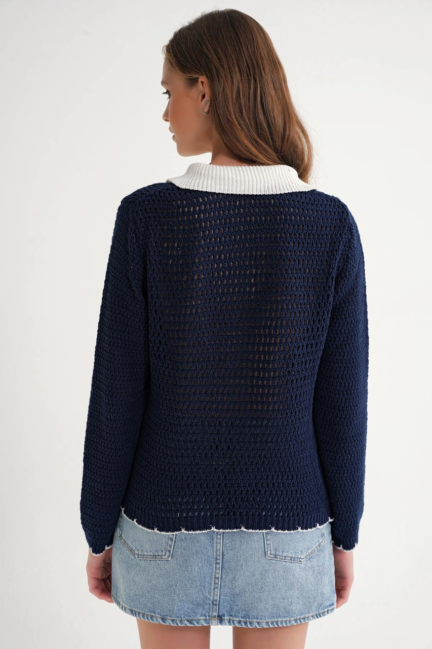 6945 Kadın Ajurlu Bağlamalı Triko Hırka Lacivert Lacivert