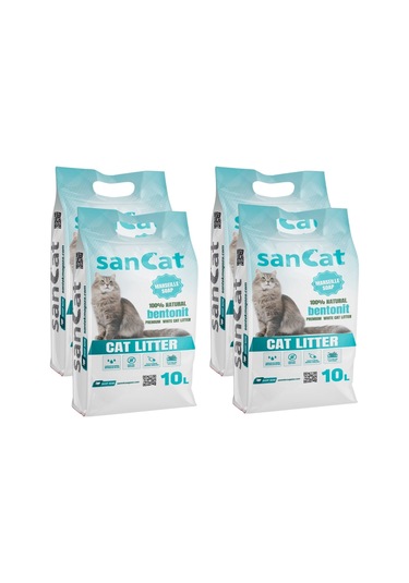 Sancat Premium Marsilya Sabun Kokulu Topaklaşan Beyaz Bentonit Kedi Kumu 4 x 10 L