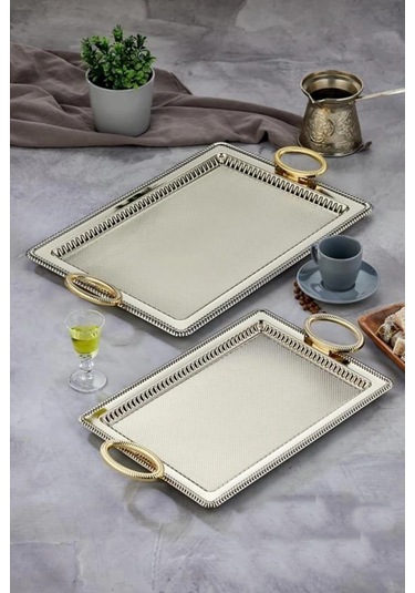 Cooker Ckr3909 Dikdörtgen Gold Kulplu Gümüş Tepsi 2'li
