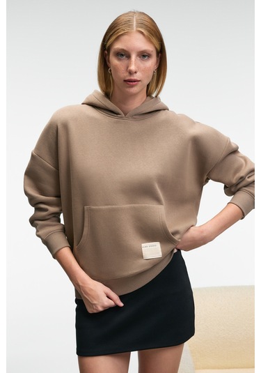 CLARIE Kadın Organik Pamuklu Oversize Kanguru Cepli Kapüşonlu Vizon Sweatshirt