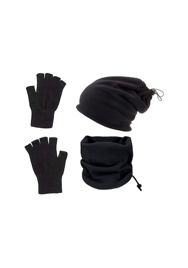Alfa Polar Bere Ve Boyunluk + Yün Eldiven 3'lü Set Siyah