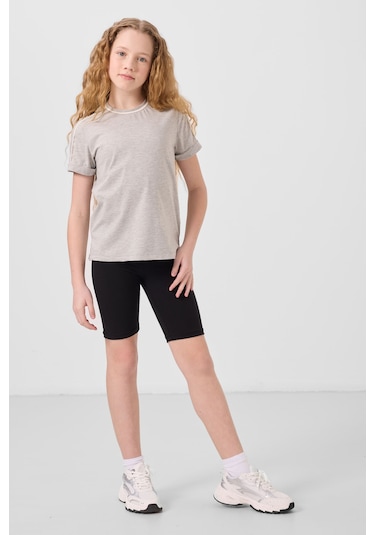 Gri Melanj Pamuklu O Yaka Standart Fit Basic Kız Çocuk T-shirt - 75177 Gri Melanj