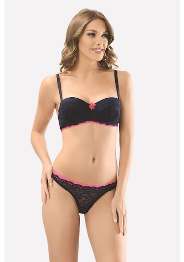 Nbb Kadın Lacivert Pembe Dantel Straplez Sütyen String Takım