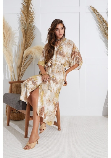 Sevim Kadın Kısa Kol Uzun Bej Kimono C9t5n651 001