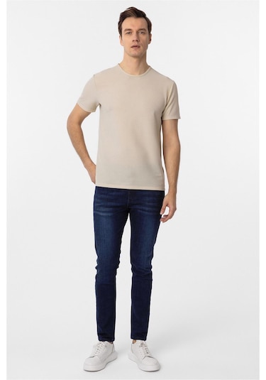 Süvari Bej Slim Fit Armürlü Bisiklet Yaka Tişört-37337 Bej